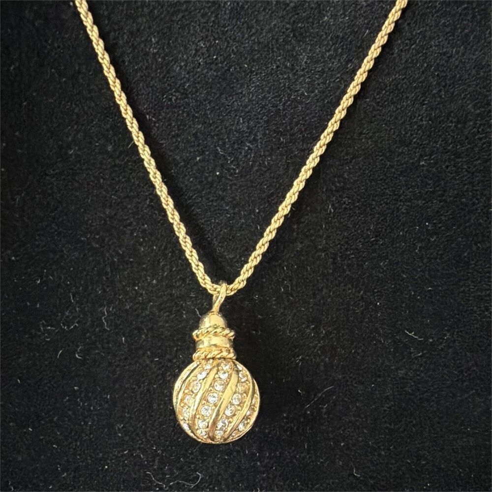 ⁠Vintage Christian Dior Gold Pave Crystal Perfume Bottle Orb Pendant Necklace